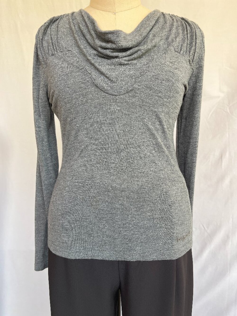 Salvatore Ferragamo Rayon/Cashmere Blend Long Sleeve Cowl Neck Tee US S
